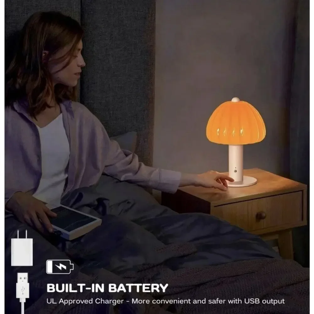 Cordless Mushroom Glass Table Lamp Orange Touch 3-Color LED Rechargeable 7.8”